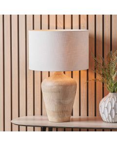 Taika White Wash Textured Wood Table Lamp Base with Lino 40cm White Self Lined Linen Cylinder Lampshade