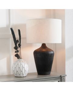 Taika Antique Black Textured Wood Table Lamp Base with Lino 40cm White Self Lined Linen Cylinder Lampshade