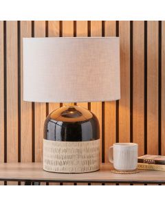 Lotta Black and Natural Stoneware Table Lamp Base with Lino 35cm White Self Lined Linen Cylinder Lampshade