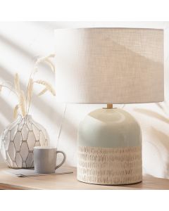 Lotta Duck Egg and Natural Stoneware Table Lamp Base with Lino 35cm White Self Lined Linen Cylinder Lampshade
