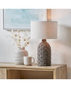 Kali Textured Dot Grey Stoneware Table Lamp Base with Lino 30cm White Self Lined Linen Drum Shade
