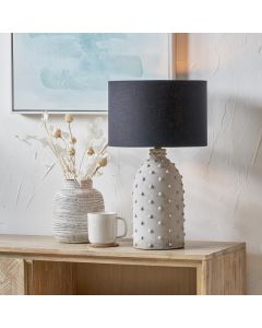 Kali Textured Dot Light Grey Stoneware Table Lamp Base with Lino 30cm Black Self Lined Linen Cylinder Lampshade