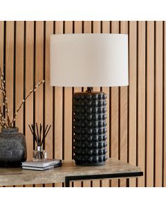 Sohan Black Bobbled Ceramic Tall Table Lamp Base with Lino 40cm White Self Lined Linen Cylinder Lampshade