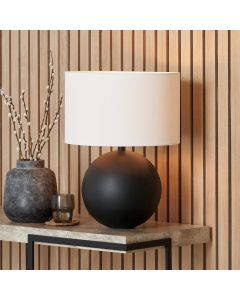 Benio Matt Black Metal Spherical Table Lamp Base with Henry 35cm White Handloom Cylinder Lampshade