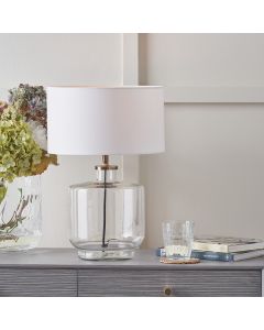 Josie Clear Glass and Antique Brass Metal Table Lamp Base with Harry 30cm Ivory Cotton Mix Cylinder Lampshade