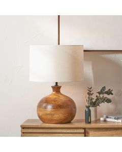Kiah Brown Oiled Finish Mango Wood Round Table Lamp Base with Lino 40cm White Self Lined Linen Cylinder Lampshade
