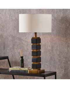 Maximo Matt Black and Antique Brass Cube Design Table Lamp Base with Harry 35cm Ivory Cotton Mix Cylinder Lampshade