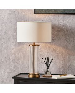 Ciara Clear Glass and Antique Brass Metal Table Lamp Base with Henry 35cm White Handloom Cylinder Lampshade