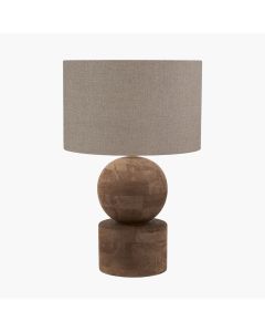 Ziva Antique Brown Round Wood Table Lamp Base with Edward 40cm Natural Linen Cylinder Lampshade