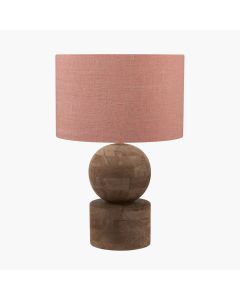 Ziva Antique Brown Round Wood Table Lamp Base with Edward 45cm Apricot Linen Cylinder Lampshade