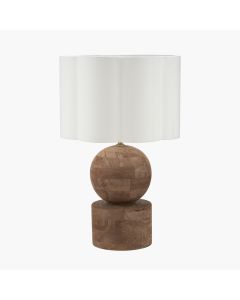 Ziva Antique Brown Round Wood Table Lamp Base with Bloom 45cm White Handloom Scalloped Cylinder Lampshade