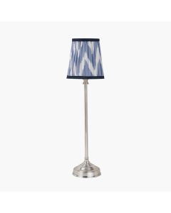 Auden Silver Metal Stick Table Lamp Base with Kamilah 14cm Blue Chevron Patterned Mushroom Pleat Tall Tapered Candle Clip Lampshade