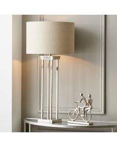 Langston Nickel Metal Column Table Lamp Base with Lino 40cm Grey Self Lined Linen Cylinder Lampshade