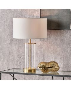 Westwood Clear Glass and Champagne Metal Table Lamp Base with Harry 35cm Ivory Cotton Mix Cylinder Lampshade
