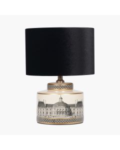 Wren Black and Cream Building Print Ceramic Table Lamp Base with Bow 30cm Black Velvet Cylinder Lampshade