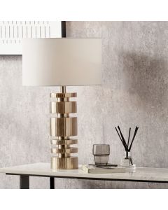 Elon Champagne Gold Metal Stacked Cylinder Table Lamp Base with Harry 35cm Ivory Cotton Mix Cylinder Lampshade