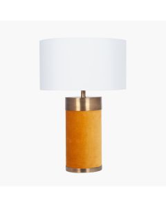 Dempsey Mustard Velvet and Antique Gold Metal Table Lamp Base with Harry 30cm Ivory Cotton Mix Cylinder Lampshade