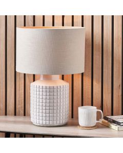 Malone Textured White Squares Design Stoneware Table Lamp Base with Lino 35cm Grey Self Lined Linen Cylinder Lampshade