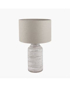 Alina White Dot Design Stoneware Table Lamp Base with Lino 30cm Grey Self Lined Linen Cylinder Lampshade