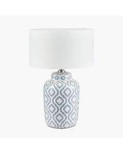 Celia Grey and White Pattern Ceramic Table Lamp with Harry 30cm Ivory Poly Cotton Cylinder Drum Shade