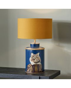 Cat Blue Hand Painted Metal Table Lamp Base with Henry 35cm Mustard Handloom Cylinder Lampshade