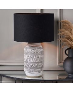 Kira White and Black Textured Stoneware Table Lamp Base with Lino 35cm Black Self Lined Linen Cylinder Lampshade