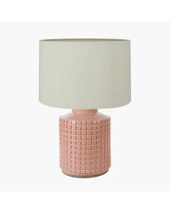 Malone Textured Apricot Squares Design Stoneware Table Lamp Base with Lino 35cm Cream Self Lined Linen Cylinder Lampshade