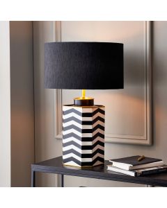 Oskar Black and White Chevron Hand Painted Metal Table Lamp Base with Stellan 40cm Black Slubbed Silk Mix Gold Lined Cylinder Lampshade