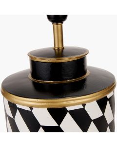 Victor Black and White Geometric Hand Painted Metal Table Lamp Base with Stellan 35cm Black Slubbed Silk Mix Gold Lined Cylinder Lampshade
