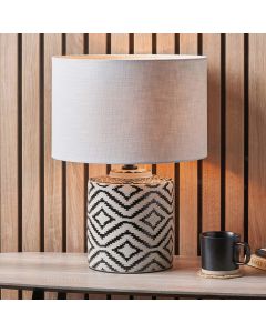 Chirala Black and White Ikat Ceramic Table Lamp Base with Lino 35cm White Self Lined Linen Cylinder Lampshade