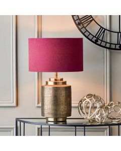 Zuri Antique Brass Metal Pot Table Lamp Base with Henry 40cm Mulberry Handloom Cylinder Lampshade