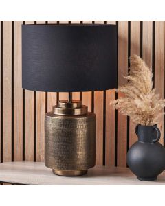 Zuri Antique Brass Metal Pot Table Lamp Base with Lino 40cm Black Self Lined Linen Cylinder Lampshade