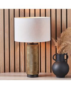 Aurelio Brass and Black Metal Textured Table Lamp Base with Lino 35cm White Self Lined Linen Cylinder Lampshade