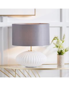 Emilia White Ribbed Glass and Gold Metal Oval Table Lamp Base with Zara 35cm Steel Grey Silk Lined Cylinder Lampshade