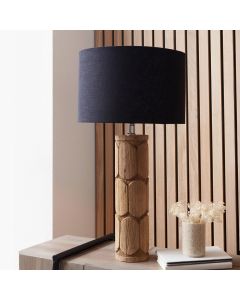 Aurelia Embossed Natural Wood Tall Table Lamp Base with Lino 35cm Black Self Lined Linen Cylinder Lampshade