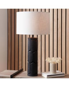 Aurelia Embossed Black Wood Tall Table Lamp Base with Lino 35cm White Self Lined Linen Cylinder Lampshade