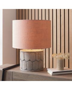 Cezara Embossed Grey Wood Wide Table Lamp Base with Edward 40cm Apricot Linen Cylinder Lampshade
