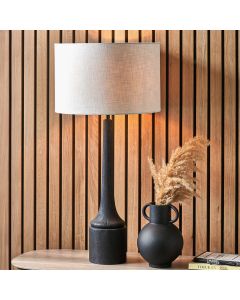 Marin Black Wood Tall Neck Table Lamp Base with Lino 40cm White Self Lined Linen Cylinder Lampshade