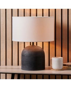 Nelu Black Engraved Wood Dome Table Lamp Base with Henry 35cm White Handloom Cylinder Lampshade