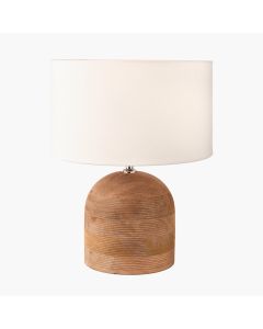Nelu Natural Engraved Wood Dome Table Lamp Base with Henry 35cm White Handloom Cylinder Lampshade