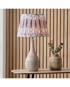 Loan Grey Engraved Wood Bottle Table Lamp Base with Izara 40cm Lilac Ikat Patterned Mushroom Pleat Tapered Lampshade