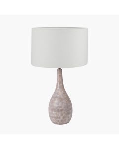 Ioan Grey Engraved Wood Bottle Table Lamp Base with Lino 40cm White Self Lined Linen Cylinder Lampshade