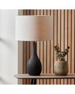 Loan Black Engraved Wood Bottle Table Lamp Base with Lino 40cm White Self Lined Linen Cylinder Lampshade