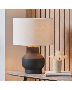 Inna Black Urn Terracotta Table Lamp Base with Lino 35cm White Self Lined Linen Cylinder Lampshade