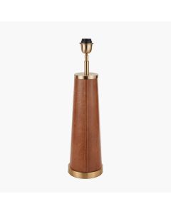 Laurence Tan Leather and Brass Table Lamp Base with Lino 40cm White Self Lined Linen Cylinder Lampshade