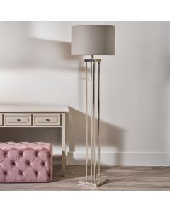 Langston Nickel Metal Column Floor Lamp Base with Lino 45cm Grey Self Lined Linen Cylinder Lampshade