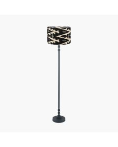 Rhode Matt Black Stick Metal Floor Lamp Base with Lars 40cm Black Ikat Patterned Cylinder Lampshade