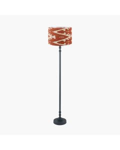 Rhode Matt Black Stick Metal Floor Lamp Base with Lars 40cm Cinnamon Ikat Patterned Cylinder Lampshade
