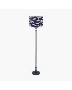 Rhode Matt Black Stick Metal Floor Lamp Base with Lars 40cm Ocean Blue Ikat Patterned Cylinder Lampshade