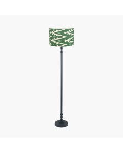 Rhode Matt Black Stick Metal Floor Lamp Base with Lars 40cm Racing Green Ikat Patterned Cylinder Lampshade